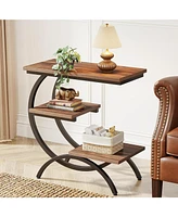 Tribesigns C-shaped End Table, Industrial 3-tier Small Side Table for Couch, Wood Bedside Table Snack Side Table Small Space, Rustic Brown