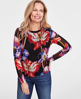 I.n.c. International Concepts Women's Floral Mesh Crewneck Top, Created for Macy's