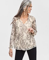 Jm Collection Women's Printed Metallic Chiffon Blouse, Created for Macy's