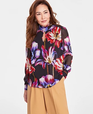 I.n.c. International Concepts Women's Printed Long-Sleeve Mock-Neck Blouse, Created for Macy's