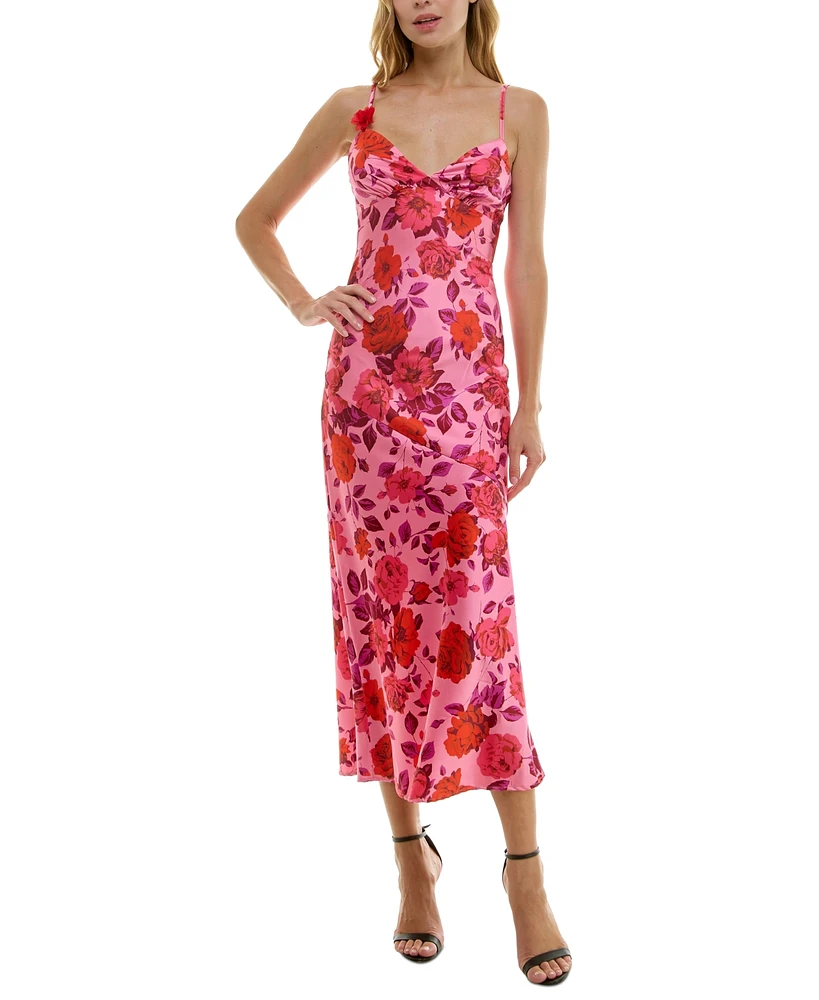 Crystal Doll Juniors' Strappy Floral Satin Maxi Dress