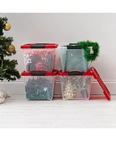 Iris Usa 4Pack 19qt Christmas Plastic Storage Bin with Lid and Secure Latching Buckles, Clear/Red