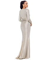 Betsy & Adam Women's Metallic Draped Long-Sleeve Gown