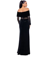 Betsy & Adam Women's Velvet and Mesh Off-The-Shoulder Gown