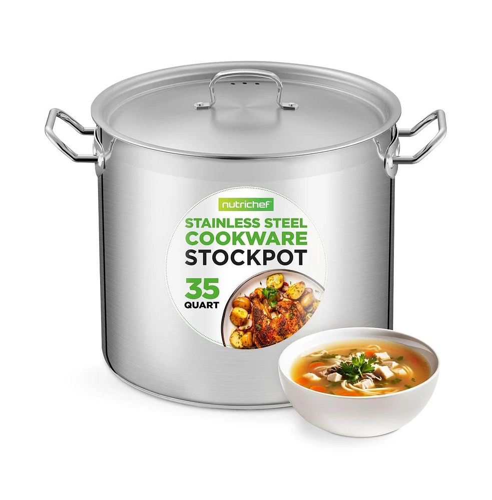 NutriChef Stainless Steel Cookware Stockpot - 35 Quart, Heavy Duty Induction Pot, Soup Pot With Stainless Steel Lid