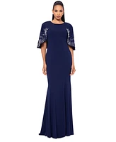 Betsy & Adam Petite Studded-Sleeve Evening Gown