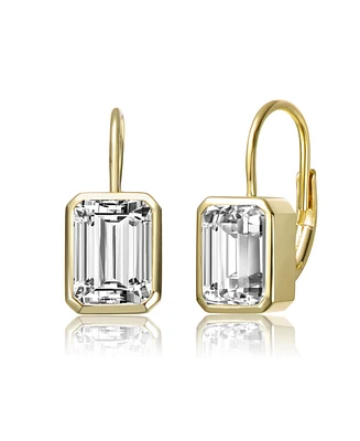 Genevive Sterling Silver Cubic Zirconia Baguette Drop Wire Back Earrings in White Gold Plated or 14k Gold Plated