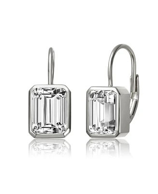 Genevive Sterling Silver Cubic Zirconia Baguette Drop Wire Back Earrings in White Gold Plated or 14k Gold Plated