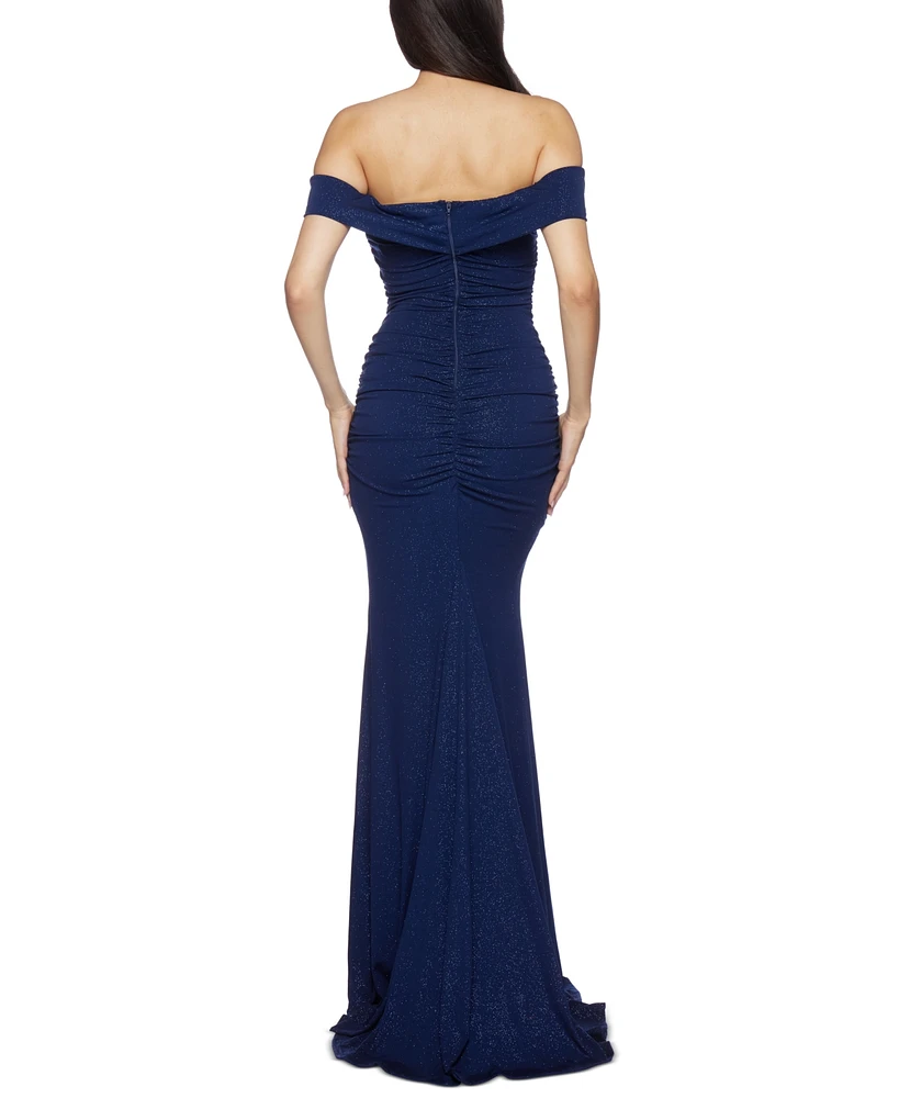 B Darlin Juniors' Off-The-Shoulder Glitter-Knit Gown