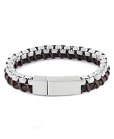 Rhona Sutton Silver Stainless Steel Contemporary Leather and Box Chain Bracelet