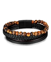 Rhona Sutton Black Tigers Eye Weaved Leather Stainless Steel Bracelet