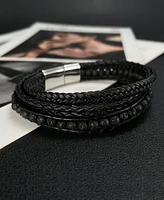 Rhona Sutton Black Multi Leather Beaded Stainless Steel Bracelet