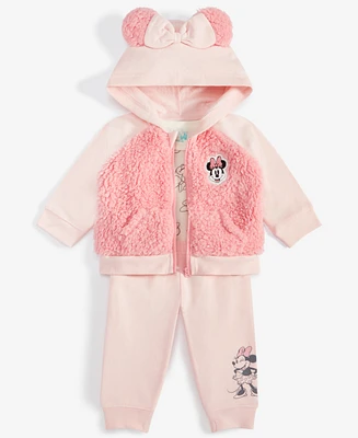 Disney Baby Girls Minnie Mouse Hooded Jacket, Bodysuit & Pants Set