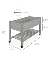 Best Choice Products Raised Garden Bed 48x23x32in Wood Mobile Elevated Planter w/ Wheel Locks, Shelf, Liner