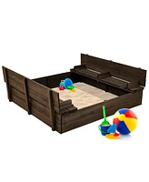 Best Choice Products 47x47-Inch Kids Wooden Outdoor Sandbox w/ 2 Foldable Bench Seats, Sand Protection, Liner