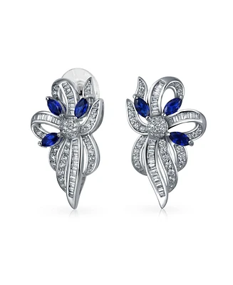 Bling Jewelry Victorian Holiday Style Cocktail Clear Blue Ribbon baguette Cubic Zirconia Cz Bow Drop Stud Earrings For Women Silver Plated