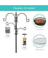 Best Choice Products 91in 4-Hook Bird Feeding Station, Steel Multi-Feeder Stand w/ 2 Feeders, Tray, Bath