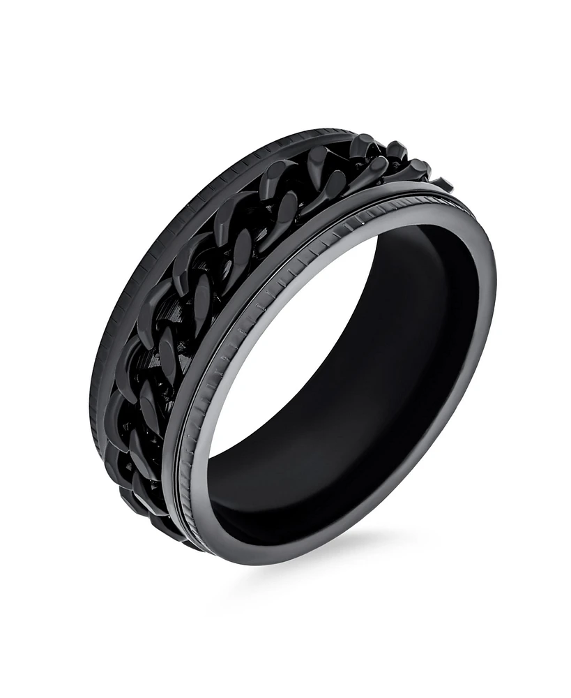 Bling Jewelry Black Rope Chain Cable Mens Black Spinner Fidget Ring For Men Stainless Steel 8MM Wide