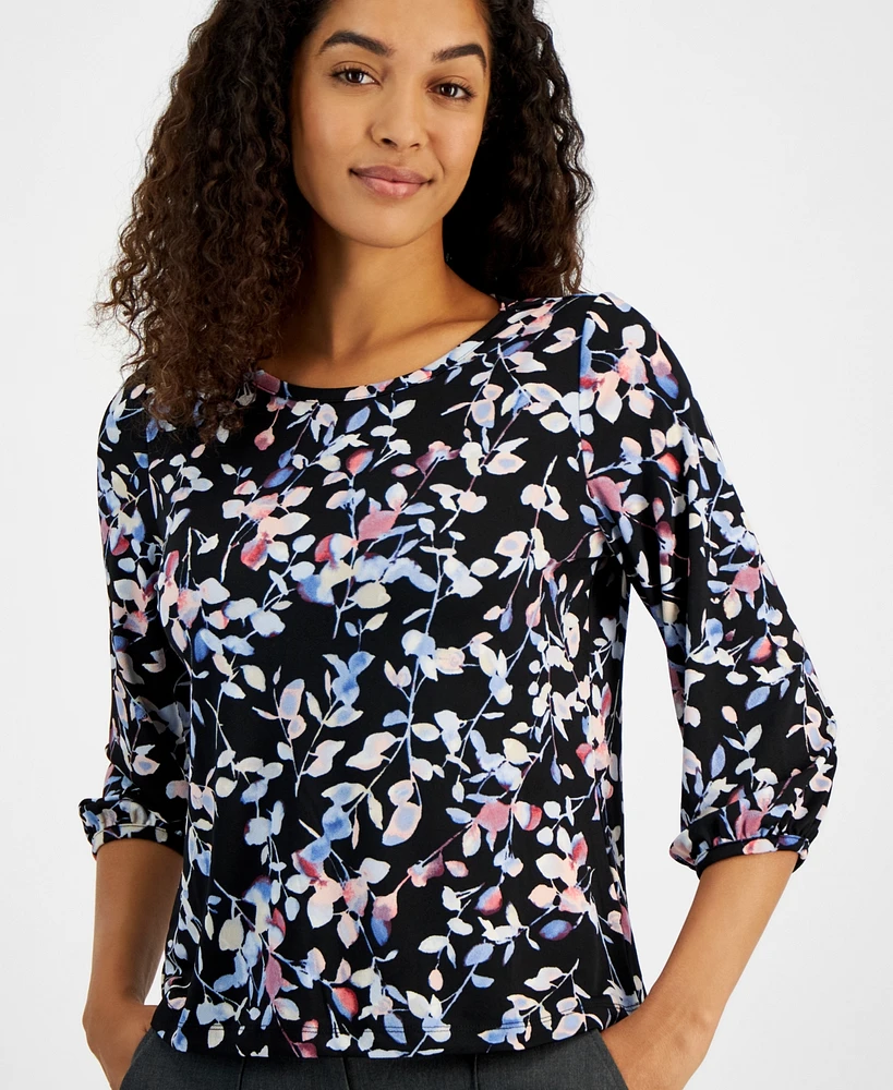 Jones New York Petite Printed Moss Crepe 3/4-Sleeve Top