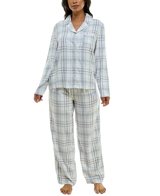 Roudelain Women's Notched-Collar Flannel Pajama Set with Lurex