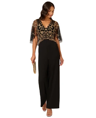 Adrianna Papell Women's Beaded Cape Crepe Jumpsuit