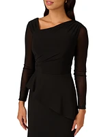 Adrianna Papell Women's Mesh-Long-Sleeve Crepe Gown