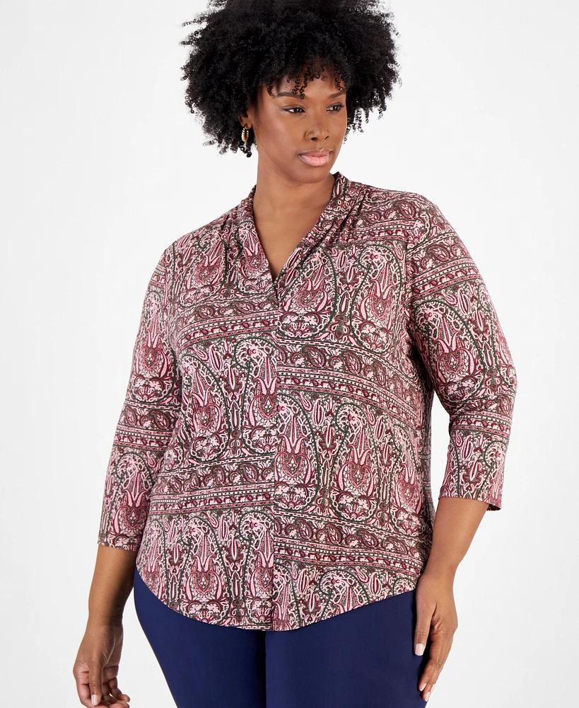 Jm Collection Plus Paisley-Print 3/4-Sleeve V-Neck Top, Created for Macy's