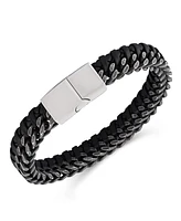 Rhona Sutton Gunmetal Chain with Black Leather Weaved Stainless Steel Bracelet