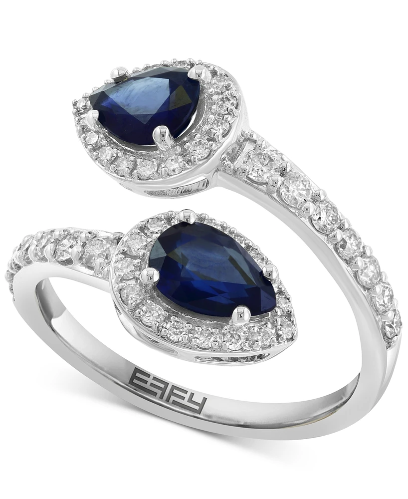 Effy Blue Sapphire (1-3/8 ct. t.w.) & Diamond (1/2 ct. t.w.) Pear-Shape Halo Bypass Ring in 14k White Gold