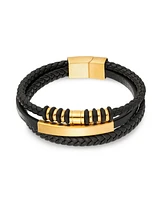 Rhona Sutton Multi Leather Black Gold Identification Stainless Steel Bracelet