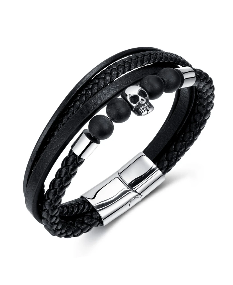 Rhona Sutton Silver Multi Leather Skull Stainless Steel Bracelet