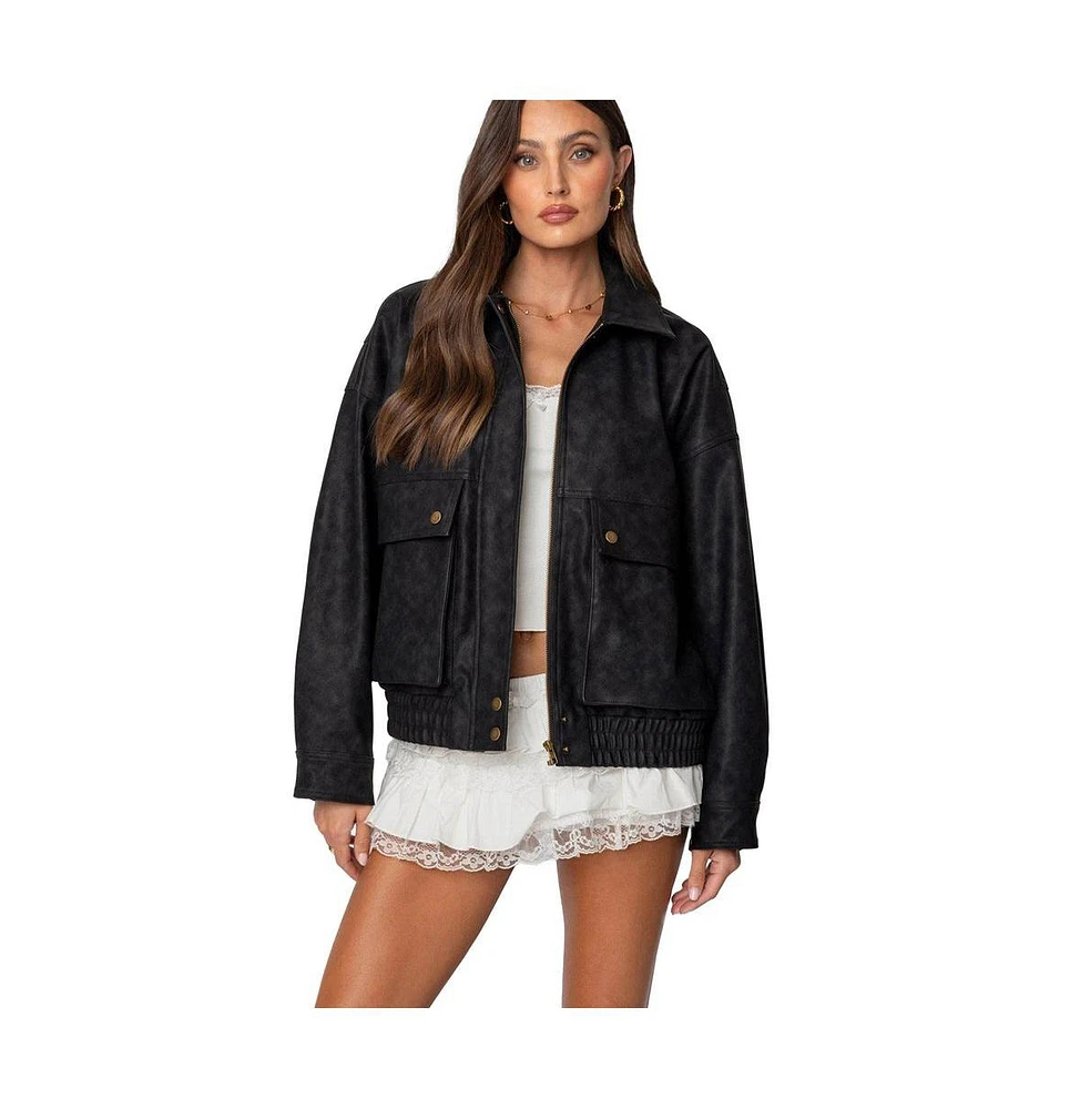 Edikted Women's Cargo Faux Leather Bomber Jacket