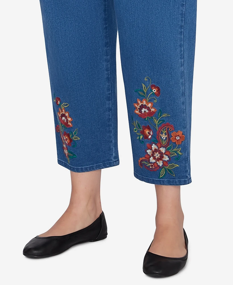 Alfred Dunner Plus Harvest Moon Floral Embroidered Denim Ankle Pants