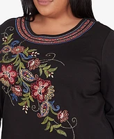 Alfred Dunner Plus Size Harvest Moon Floral Embroidered Detail Crew Neck Drawstring Sleeve Top