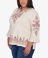 Alfred Dunner Plus Size Harvest Moon Medallion Embroidered Flutter Sleeve Top