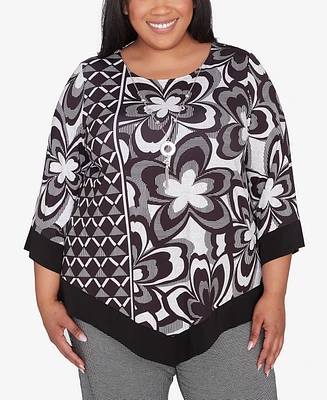 Alfred Dunner Plus Size Runway Ready Floral Geometric Top with Necklace