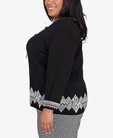 Alfred Dunner Plus Runway Ready Diamond Border Crew Neck Sweater with Necklace