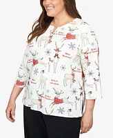 Alfred Dunner Plus Classic Deer Split Neck Top