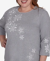 Alfred Dunner Plus Copenhagen Diagonal Flower Embroidered Crew Neck Top