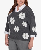 Alfred Dunner Plus Size Copenhagen Floral Collared Two in One Sweater