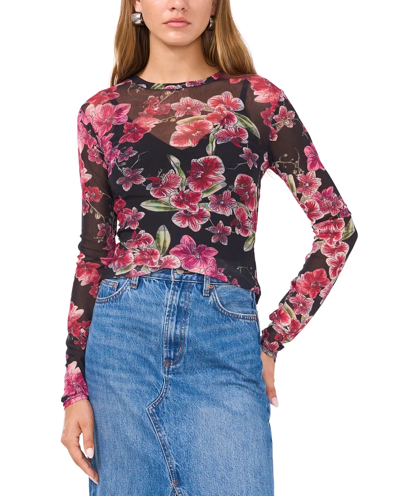 1.state Women's Crewneck Long-Sleeve Floral Knit Top