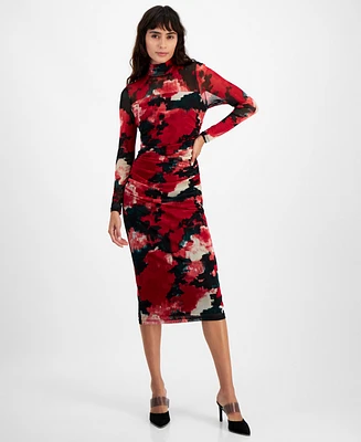 Bar Iii Women's Printed Turtleneck Ruched Mesh Bodycon Dress, Created for Macy's