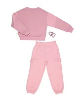 Bearpaw Toddler Girls 2 Piece Waffle Sweatshirt w Cargo Joggers and Hair Ties Outfit Set