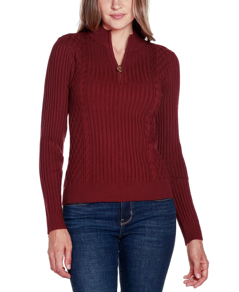 Belldini Women's Black Label Rib and Cable Quarter-Zip Sweater