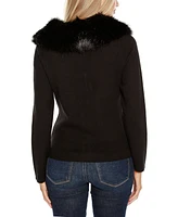 Belldini Women's Black Label Faux Fur Collar Short Zip Cardigan Sweater