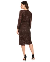 London Times Petite Sequin Faux-Wrap Long-Sleeve Dress