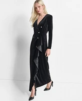 Dkny Women's Velvet Button-Trim Long-Sleeve Blazer Gown