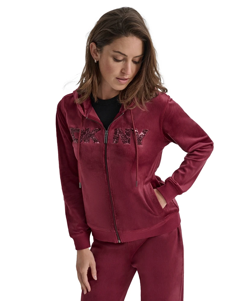Dkny Jeans Petite Sequin Logo Zipper Hoodie