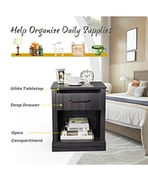Gymax Nightstand with Drawer and Shelf Rustic Wooden Bedside Table Bedroom Brown