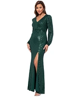 Xscape Petite Sequined V-Neck Long-Sleeve Side-Slit Gown